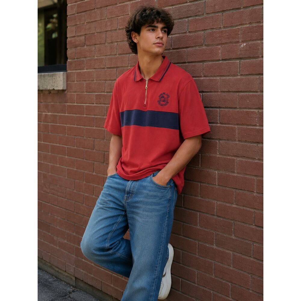 Vintage Eskimo Joes Red Blue Polo Shirt Zip Sz Large